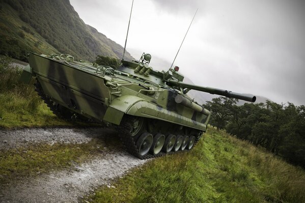 Char de combat sur la route près de la forêt