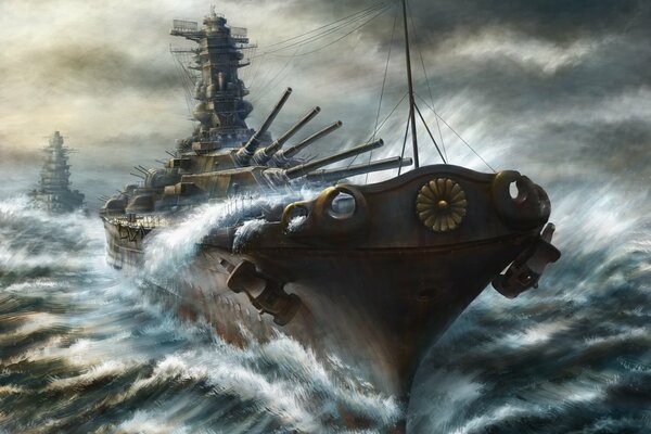 Art picture of a warship on the water dark sky