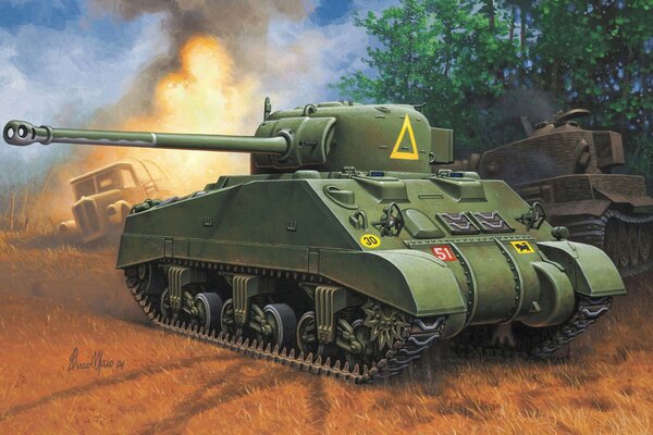 Drawing of a tank on the battlefield on fire