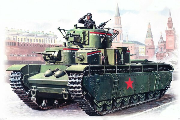 Carro armato sovietico T - 35 in piazza a Mosca