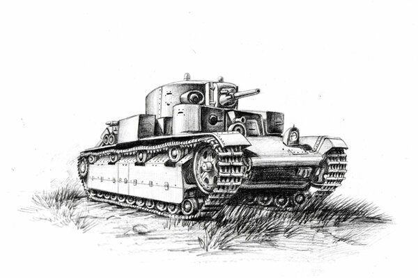 The Soviet tank is executed in pencil