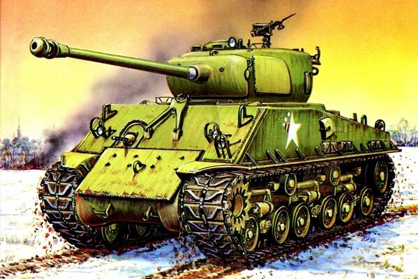 Рисунок зеленого танка в зимнем поле