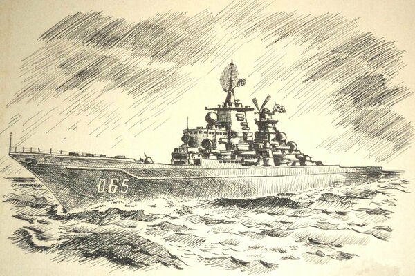 Rysunek ołówkiem statek na morzu
