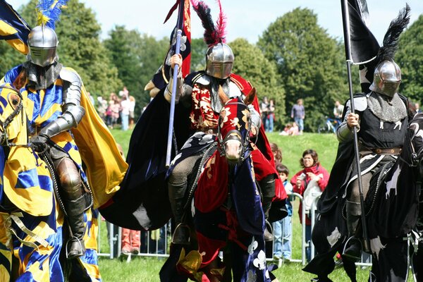 Reconstitution historique des chevaliers en armure à cheval