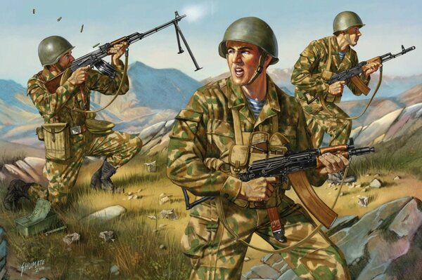 Zeichnung der sowjetischen Luftwaffe mit Maschinengewehren auf dem Hintergrund der Berge in Afghanistan