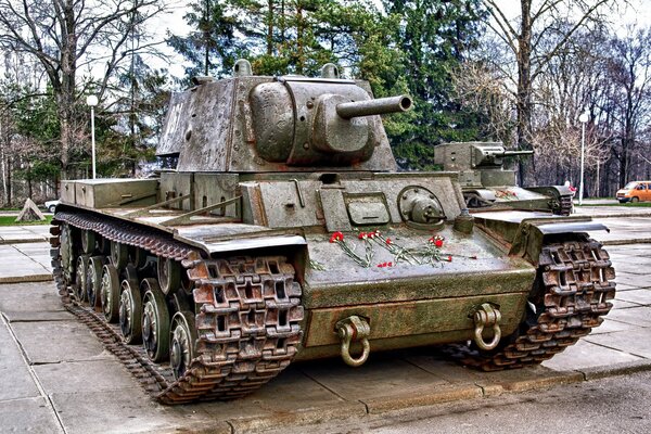 Monument to the Soviet tank with carnations