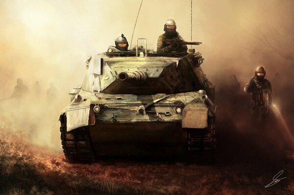 Kunst der Soldaten mit einem Militärpanzer im Nebel