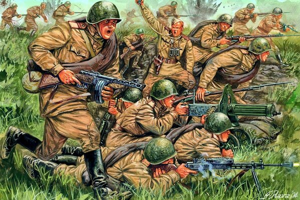 Caricature of Soviet soldiers in battle