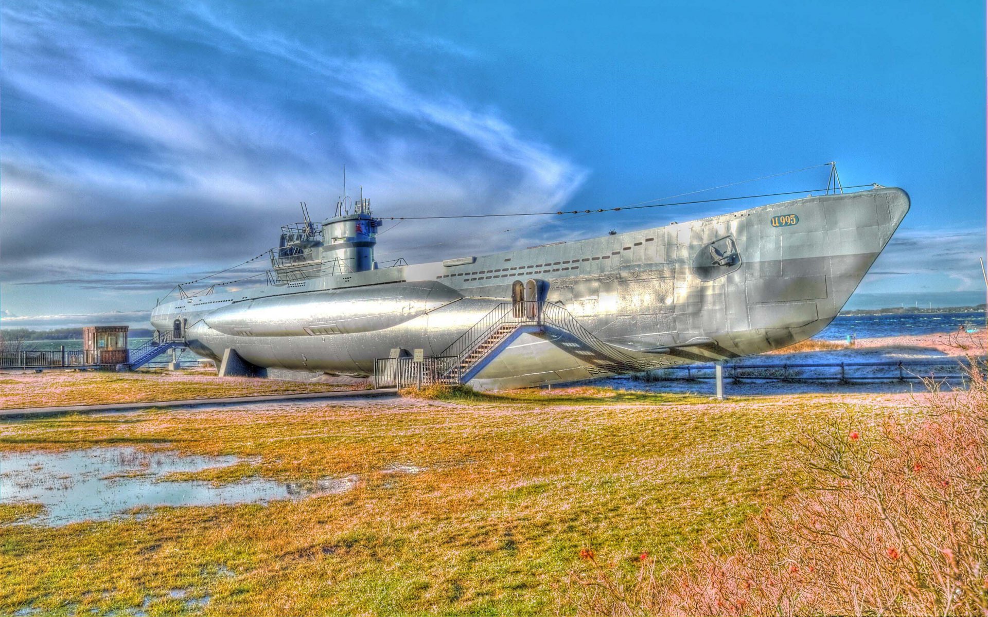 fleet submarine boat u-995 museum ship medium german type installed on beach near labe germany hdr