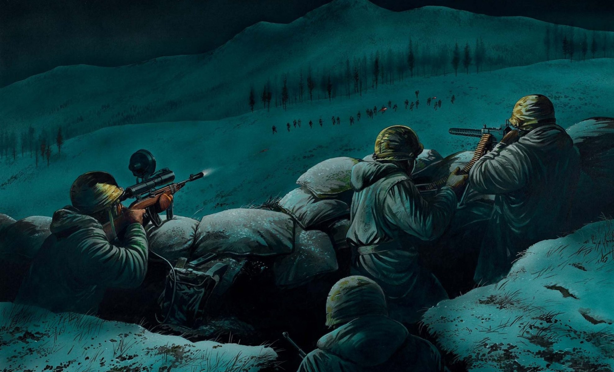 arte noche montaña batalla fortificada punto soldados equipo ametralladora reflexión ataques disparos dibujo