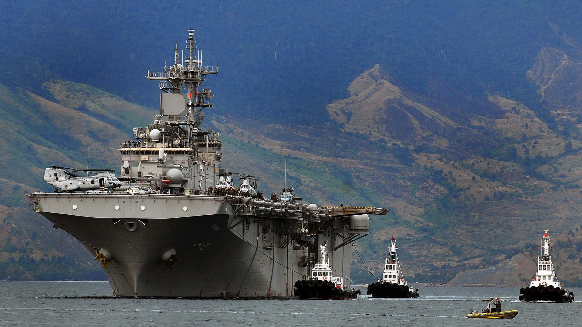 marine navire mer hélicoptères montagne paysage beau arrière-plan