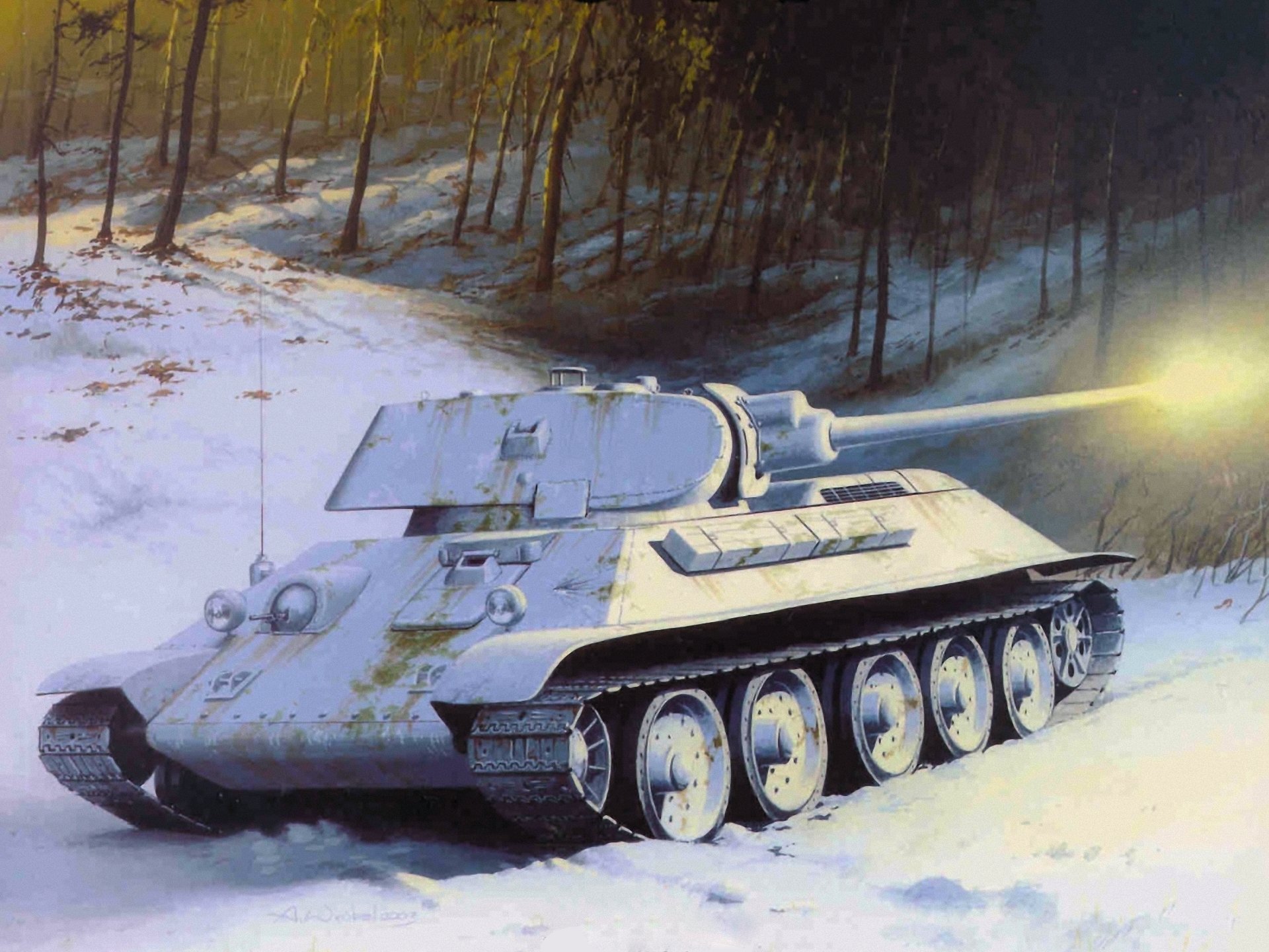 arte invierno nieve árboles t-34-76 soviético medio tanque período gran guerra patria blanco camuflaje flash tiro