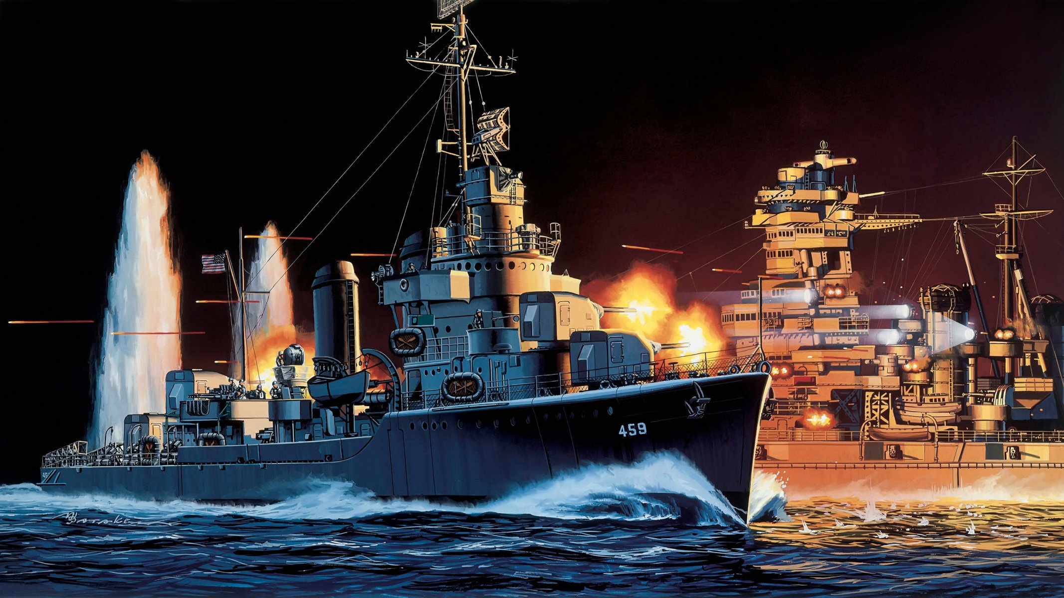 art navy statek okręty wojenne laffy dd-459 amerykański niszczyciel typu benson japońska linia hiei bitwa w pobliżu wyspy guadalcanal 13 listopada 1942r. ww2