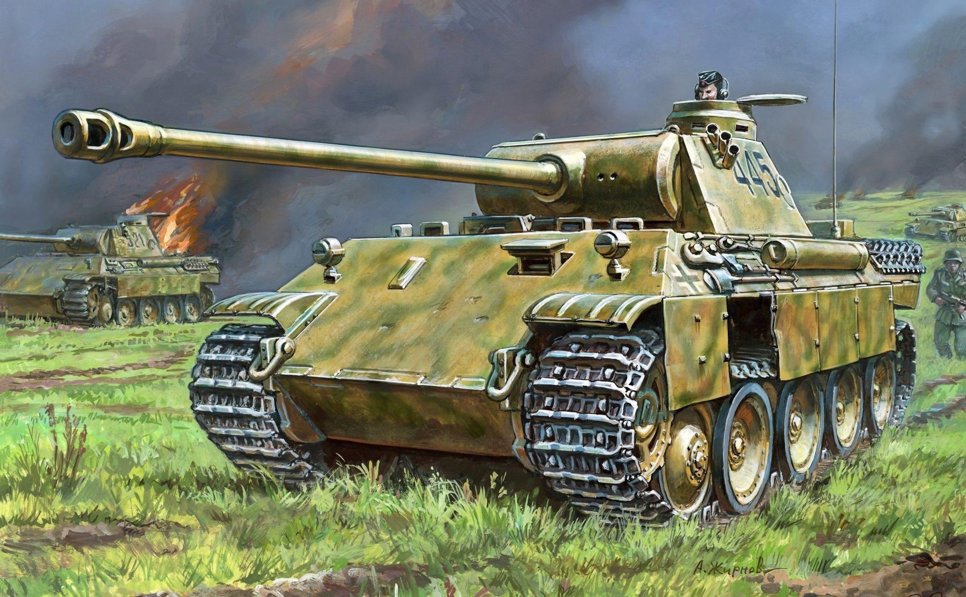 kunst krieg pzkpfw v panther deutsch panzer angriff infanterie feuer flamme ww2 zeichnung