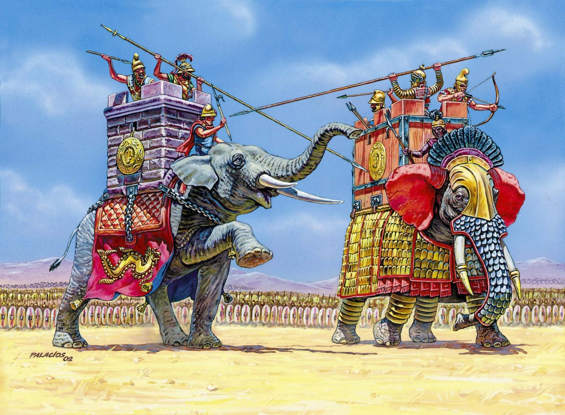 les armées d egypte et de carthage se sont réunies sur le champ de bataille avant la bataille chaque côté a avancé un éléphant de combat pour un duel des plus forts à distance des guerriers qui attendent de quel côté ils se tiendront iii-i siècles avant jc.