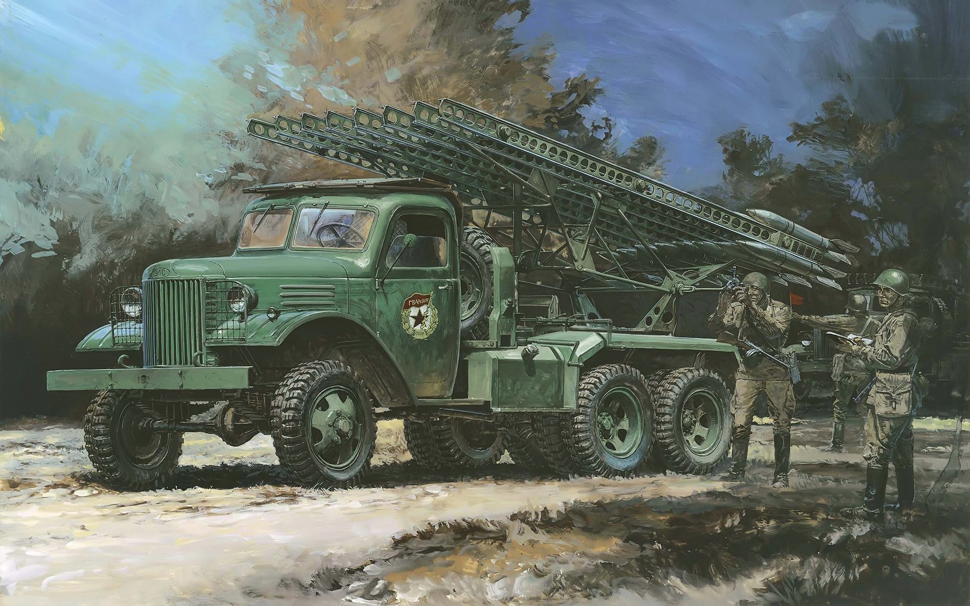 art picture strokes bm-13 katyusha soviet military machine reactive artillery period ww2 night training to volley