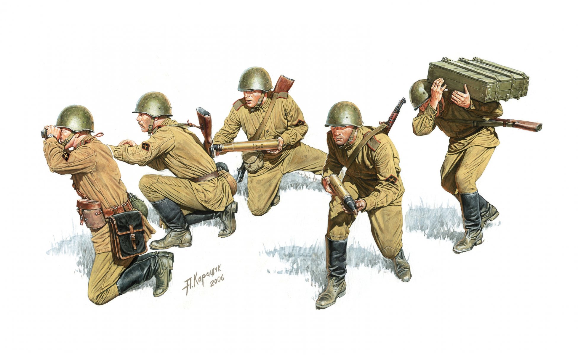 arte sovietica artiglieri in posizione prontezza per sparare mitragliatrici fucile scatola conchiglie grande guerra patriottica a. karoshuk disegno