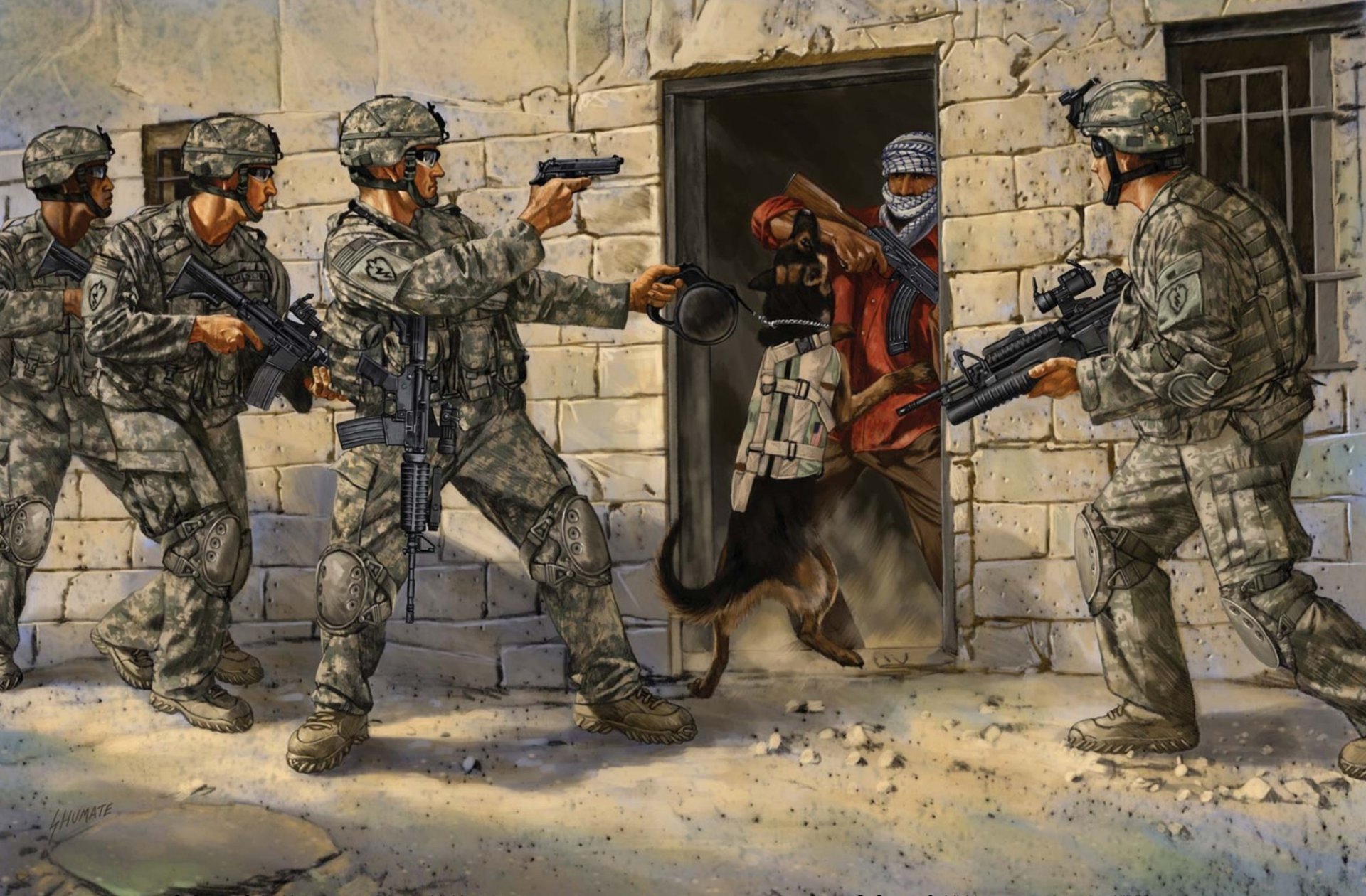 arte soldados fuerzas especiales armas equipo perro acción captura operación dibujo