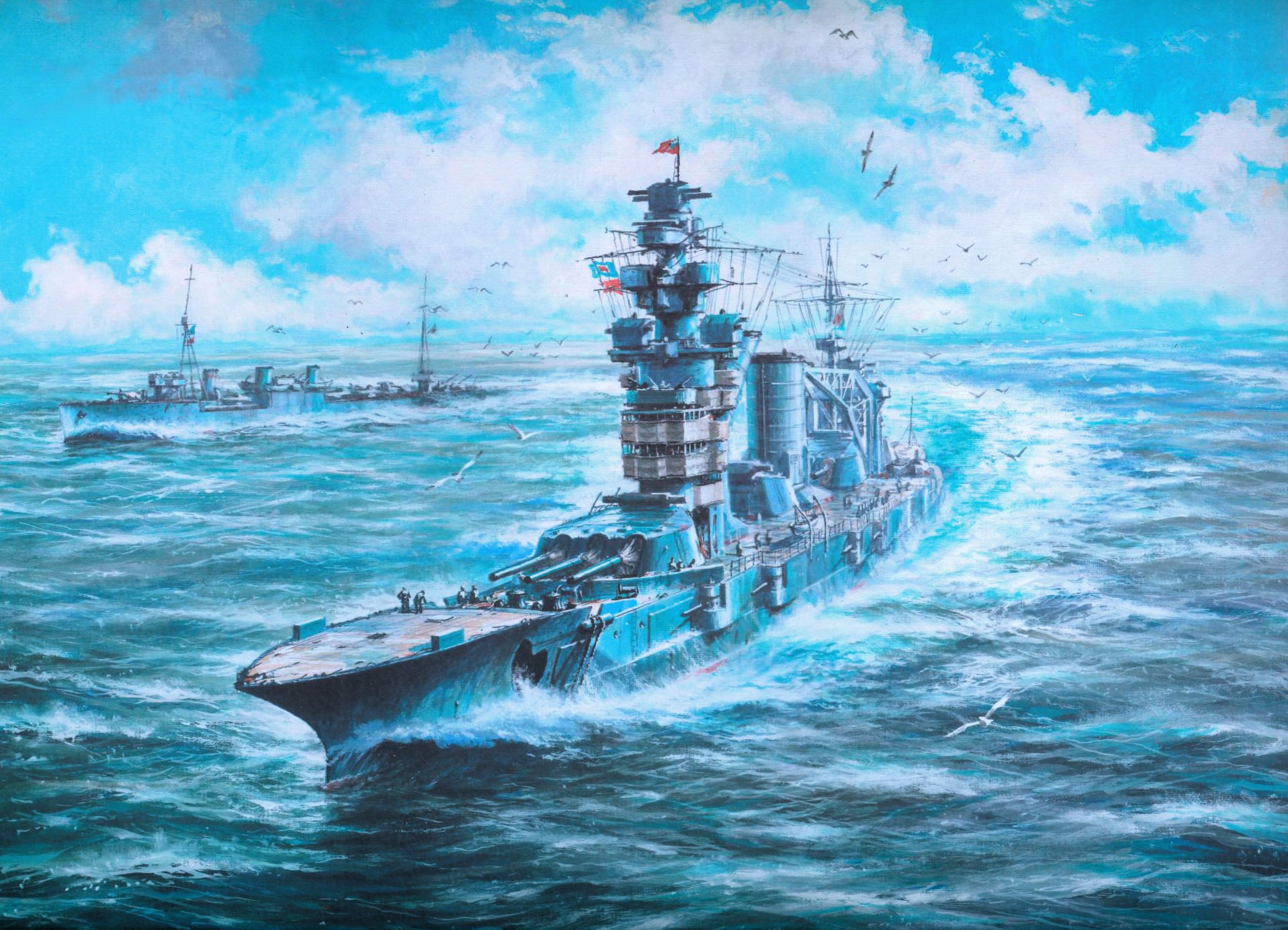 art mer vagues linéaire navire octobre révolution escadron destroyer type novik marine de l urss ciel mouettes