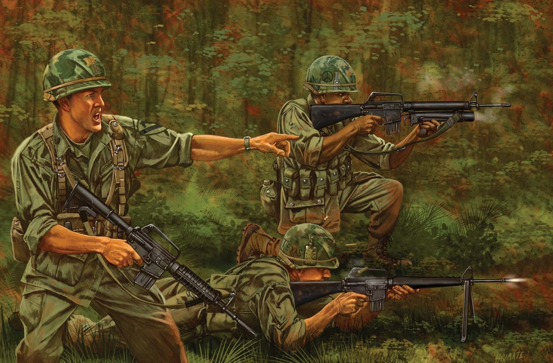 art vietnam jungle soldats m-16 fusil modification équipement tir soleil des états-unis dessin