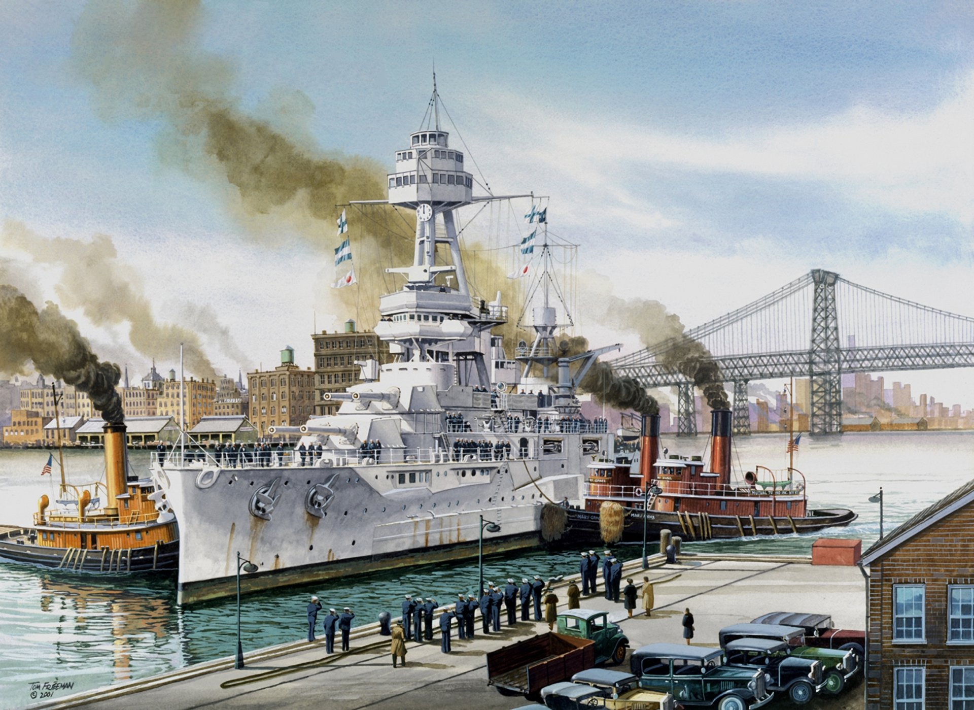 art new york pier people machinery battleship texas tugs bridge house tom freeman