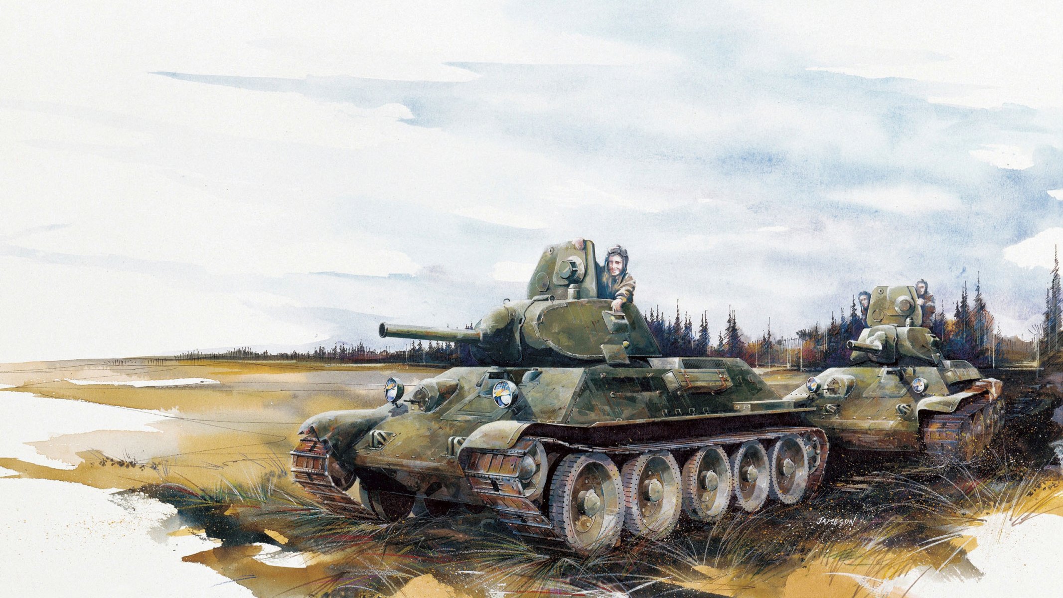 art dessin coups de pinceau crayons et aquarelle soviétique moyen réservoir t-34-76 arr 1940g ww2