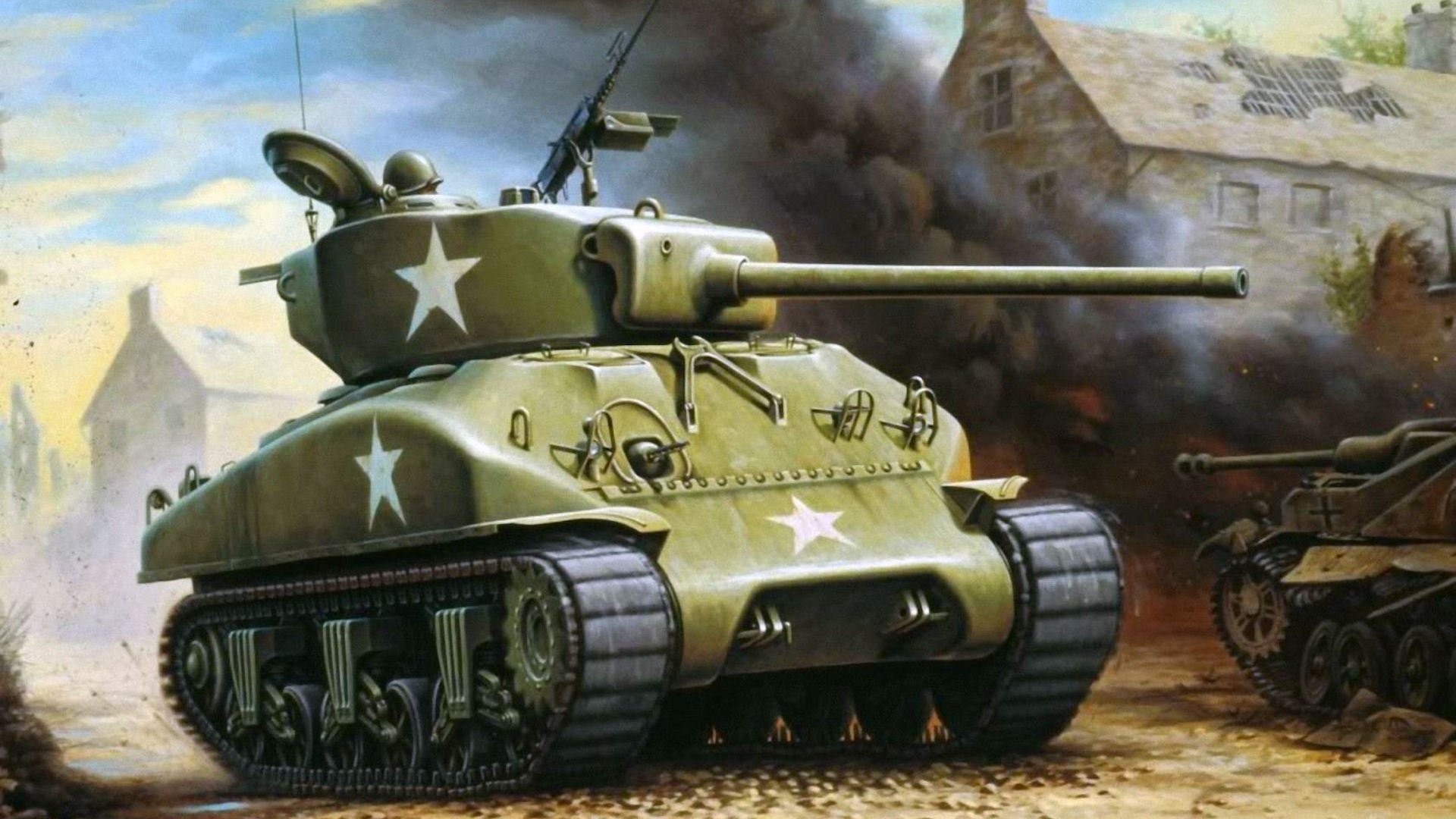 sherman tanque m4 dibujo arte guerra humo devastación