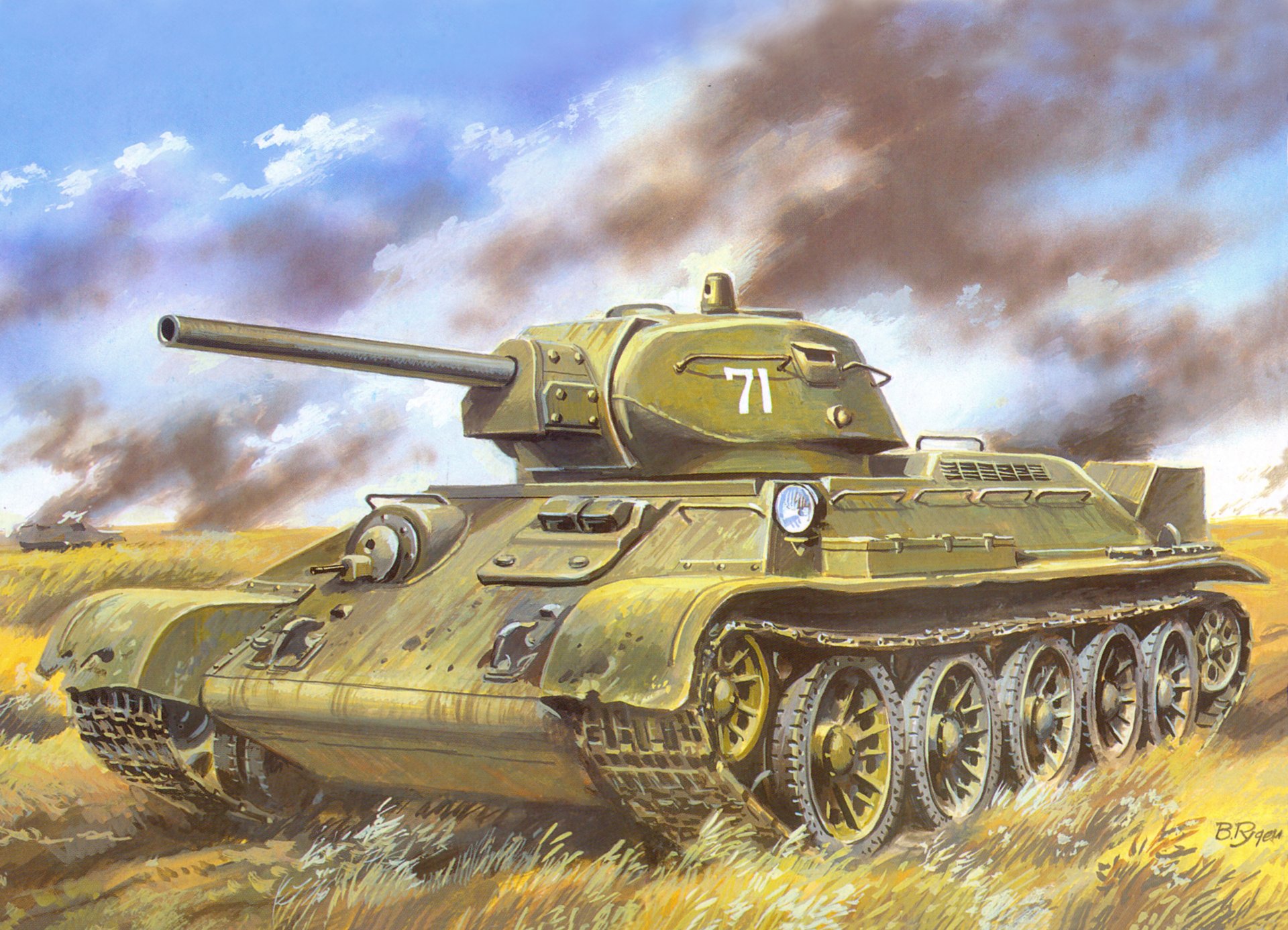 art t-34-76 modèle de l année 1941 soviétique moyen réservoir champ combat fumée seconde guerre mondiale dessin