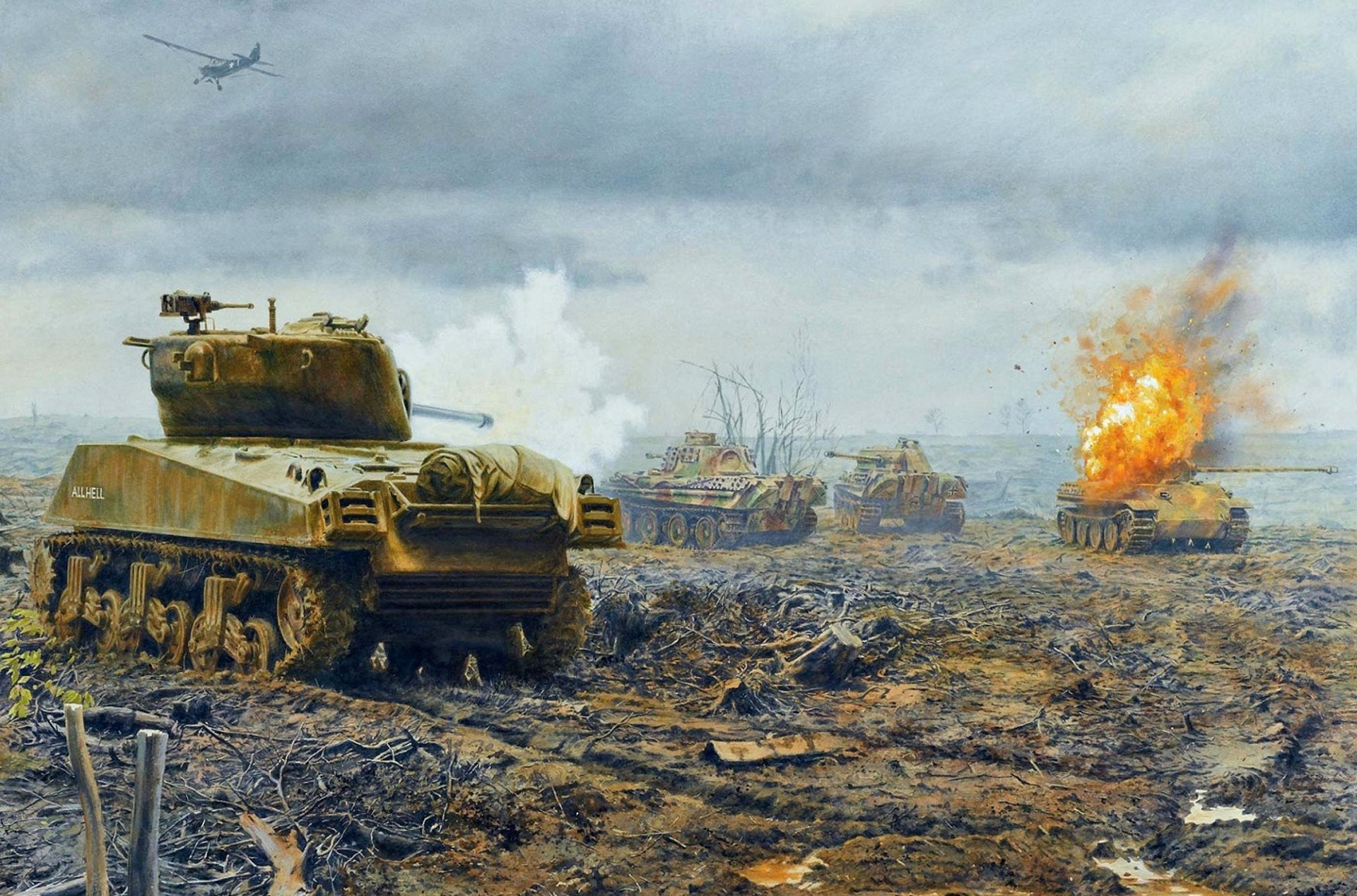 frankreich 1944jahr feld kampf panzer sherman panther feuer flamme himmel flugzeug ww2 zeichnung