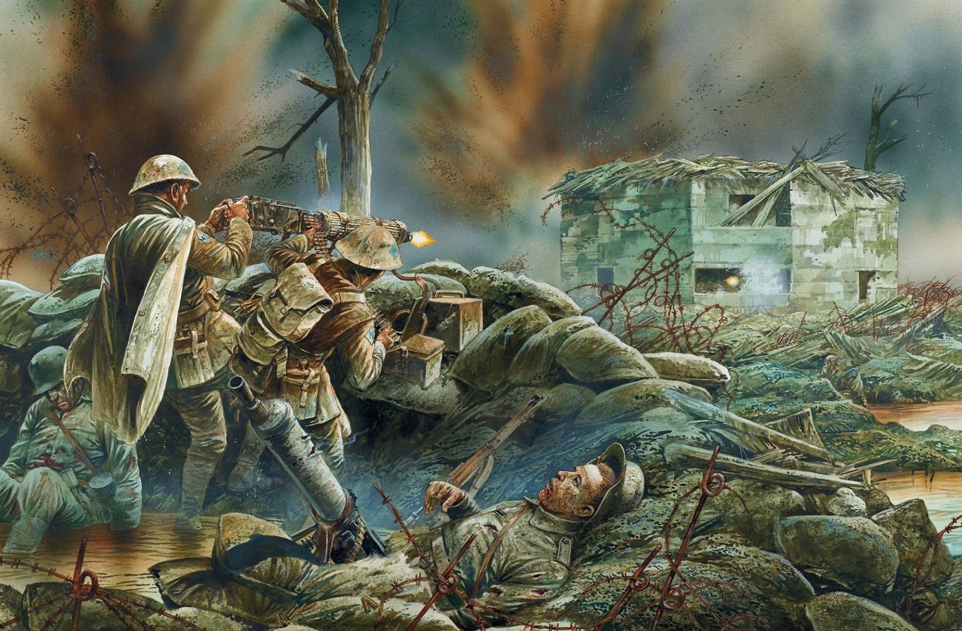 arte batalla trinchera británico soldados equipo pesado vickers disparos alemán posiciones explosiones agua barro destrucción primera guerra mundial dibujo