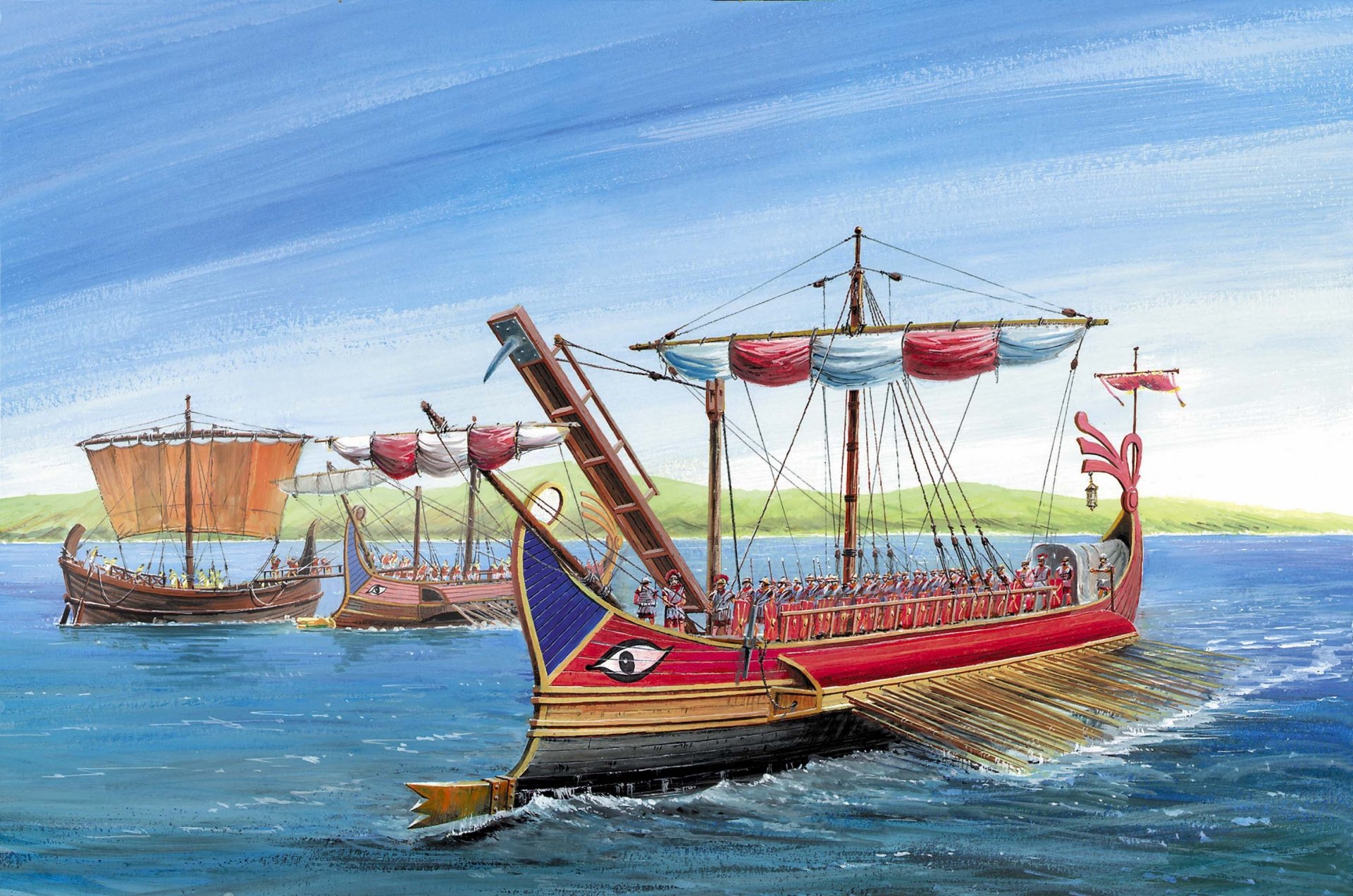 roman trireme main type combat ship roman empire three rows oars located on three levels speed triremes reached 6 knots main weapon served bronze ram figure