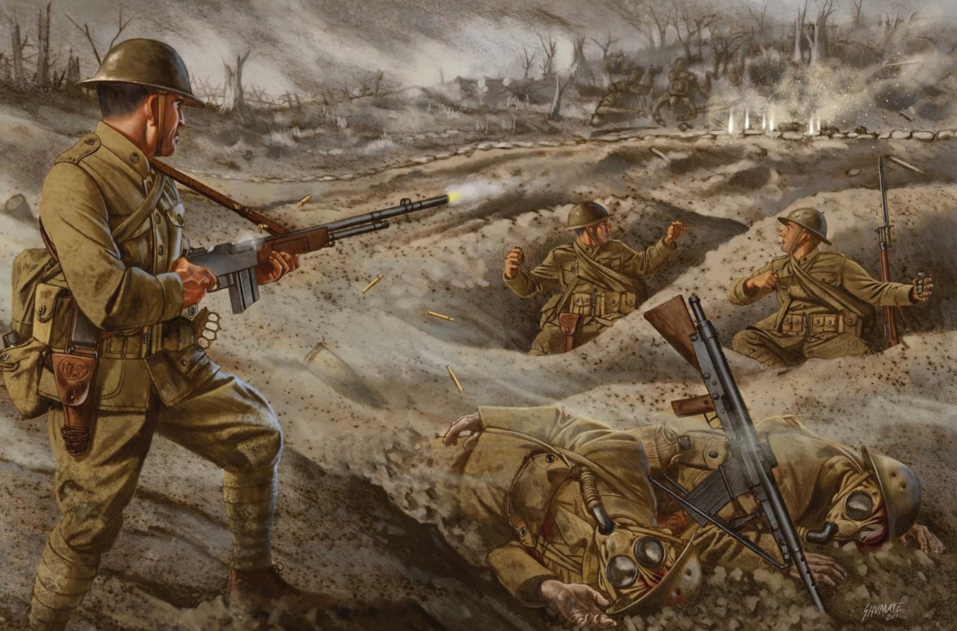 arte guerra trincheras soldados ligero ametralladora browning automático rifle disparos dibujo