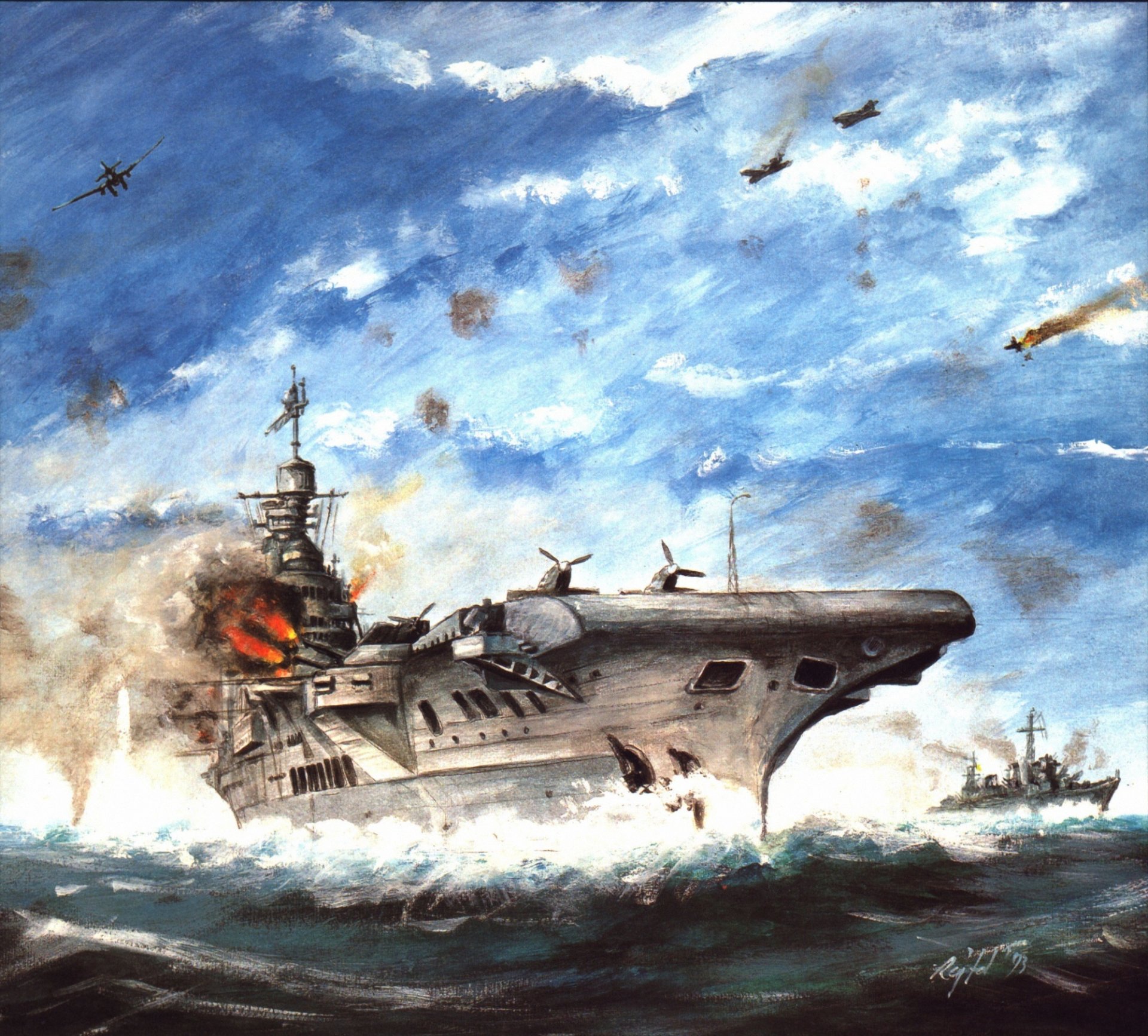 figure guerre mer combat victorieux porte-avions destroyer coups de feu ciel casquettes ruptures