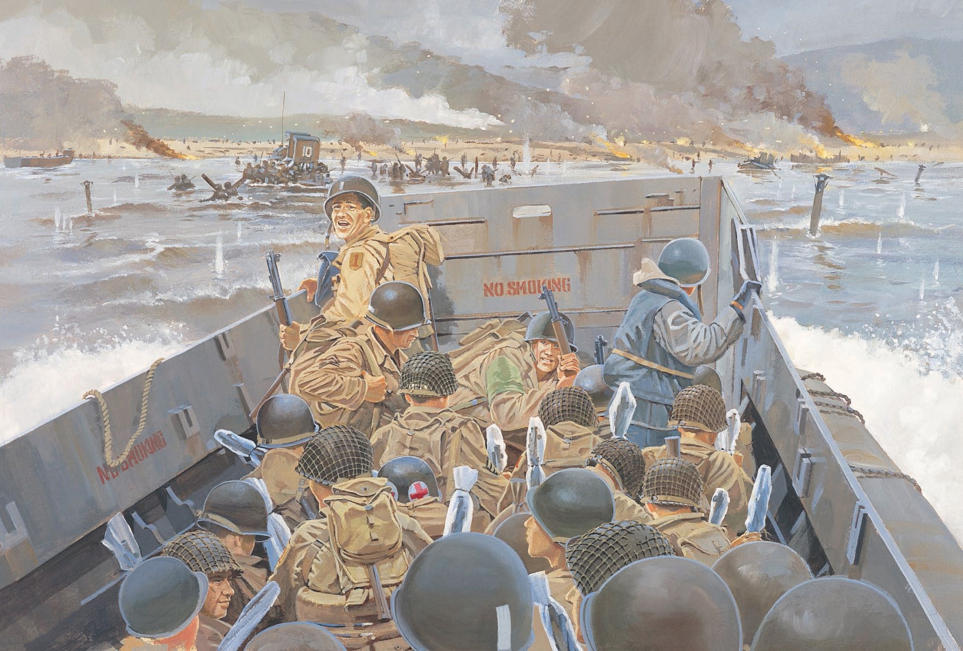 art soldiers d-day omaha beach landing battalion infantry 1st 16th infantry regiment on june 1944 invasion allied forces across english channel served as opening second front ww2 artist howard gerrard