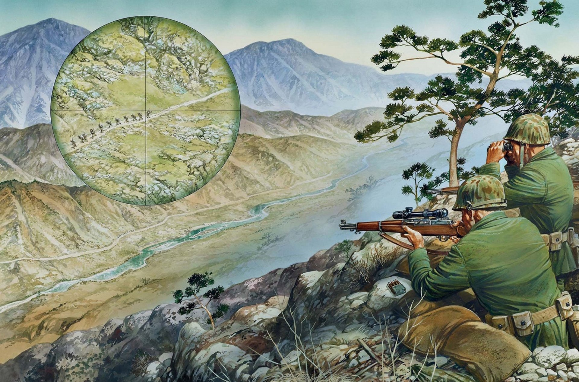 art soldiers snipers on positions mountains gorge river opposite on mountain trail detachment enemy sniper leads aiming fire