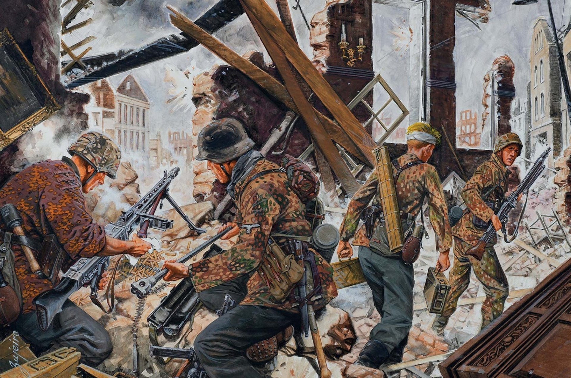 art war niemieccy strzelcy maszynowi mundur outfitter kamuflaż mg-42 miasto dom ruiny ww2 rysunek