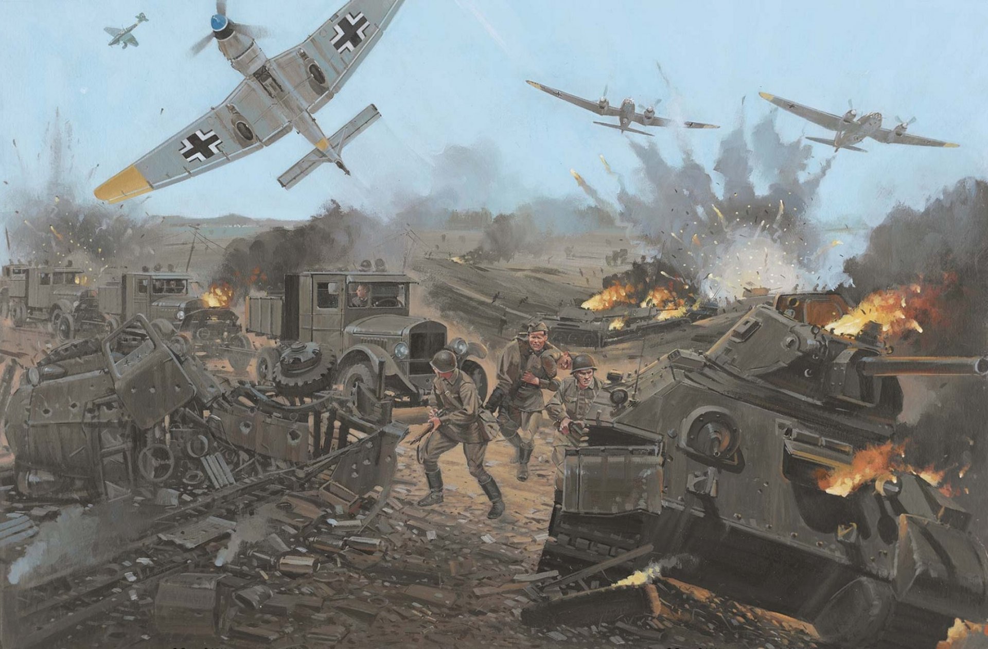 art may 1942 fighting to area cities kharkiv column soviet avtobronetehniki german ju 87 he 111h bombing burning tanks cars running men the great patriotic war picture