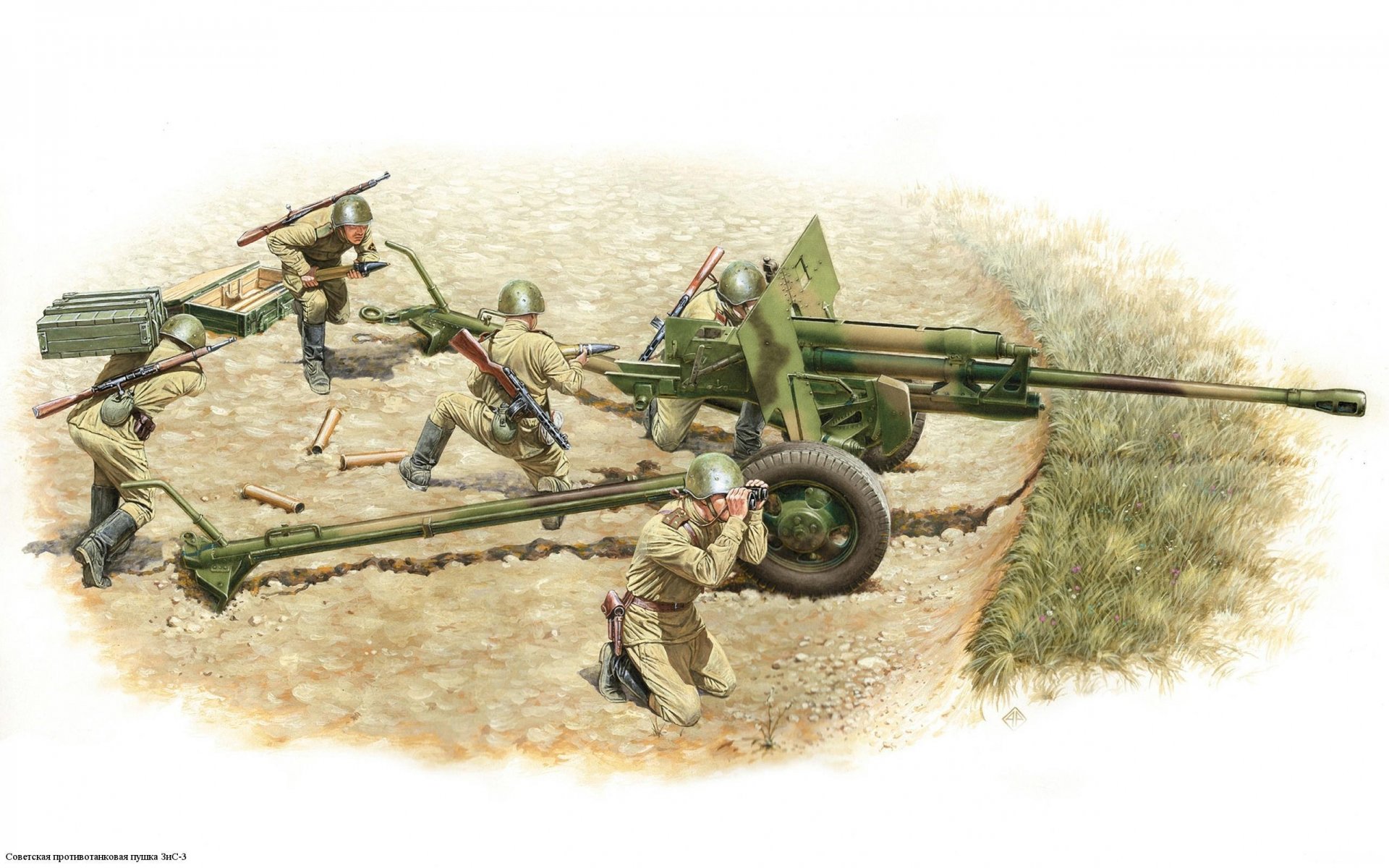 zis-3 sovietico cannone anticarro armi soldati guerra disegno