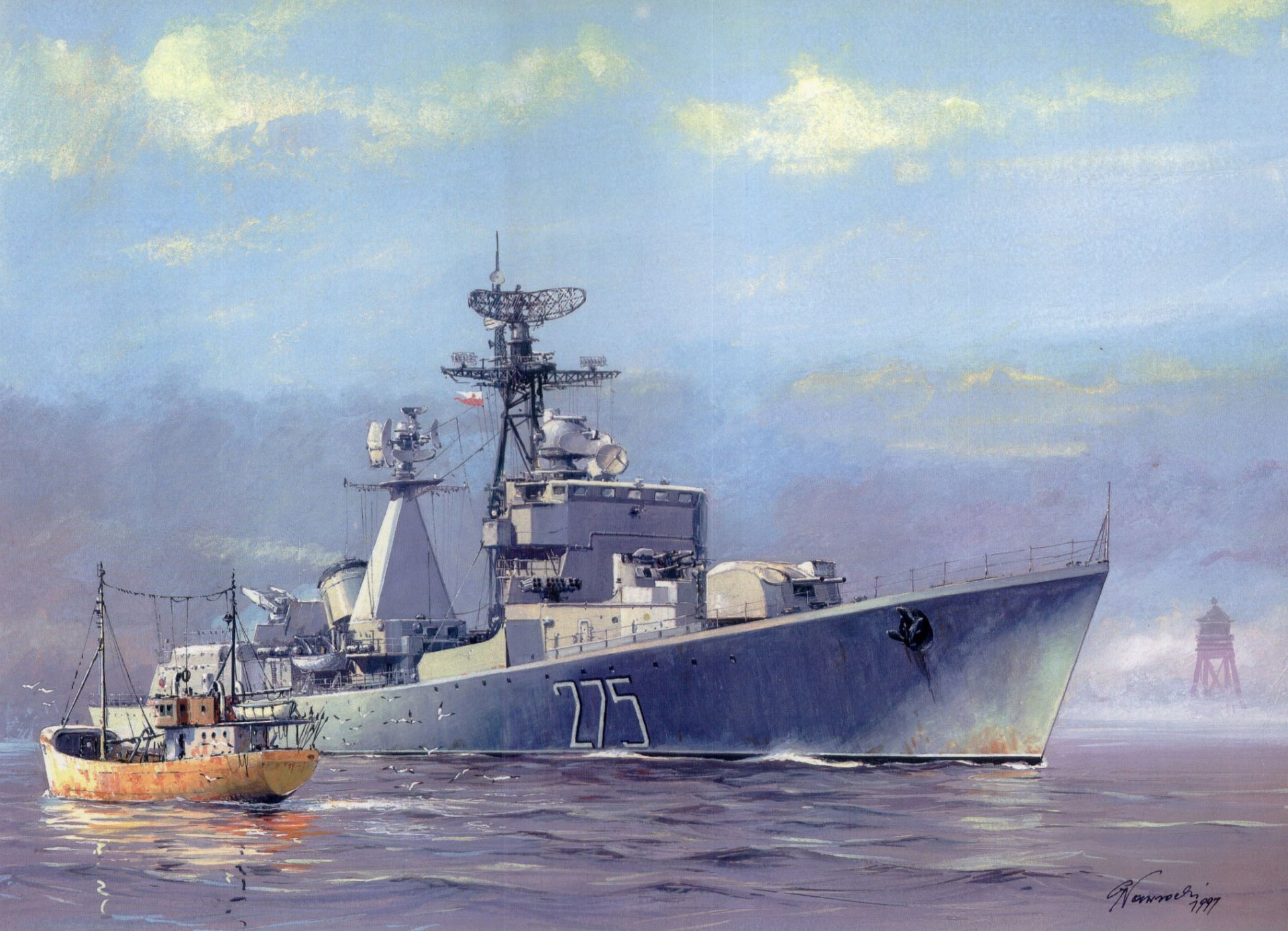 arte disegno acqua porto faro missile cacciatorpediniere varsavia tipo fiera marina polonia peschereccio cielo nuvole