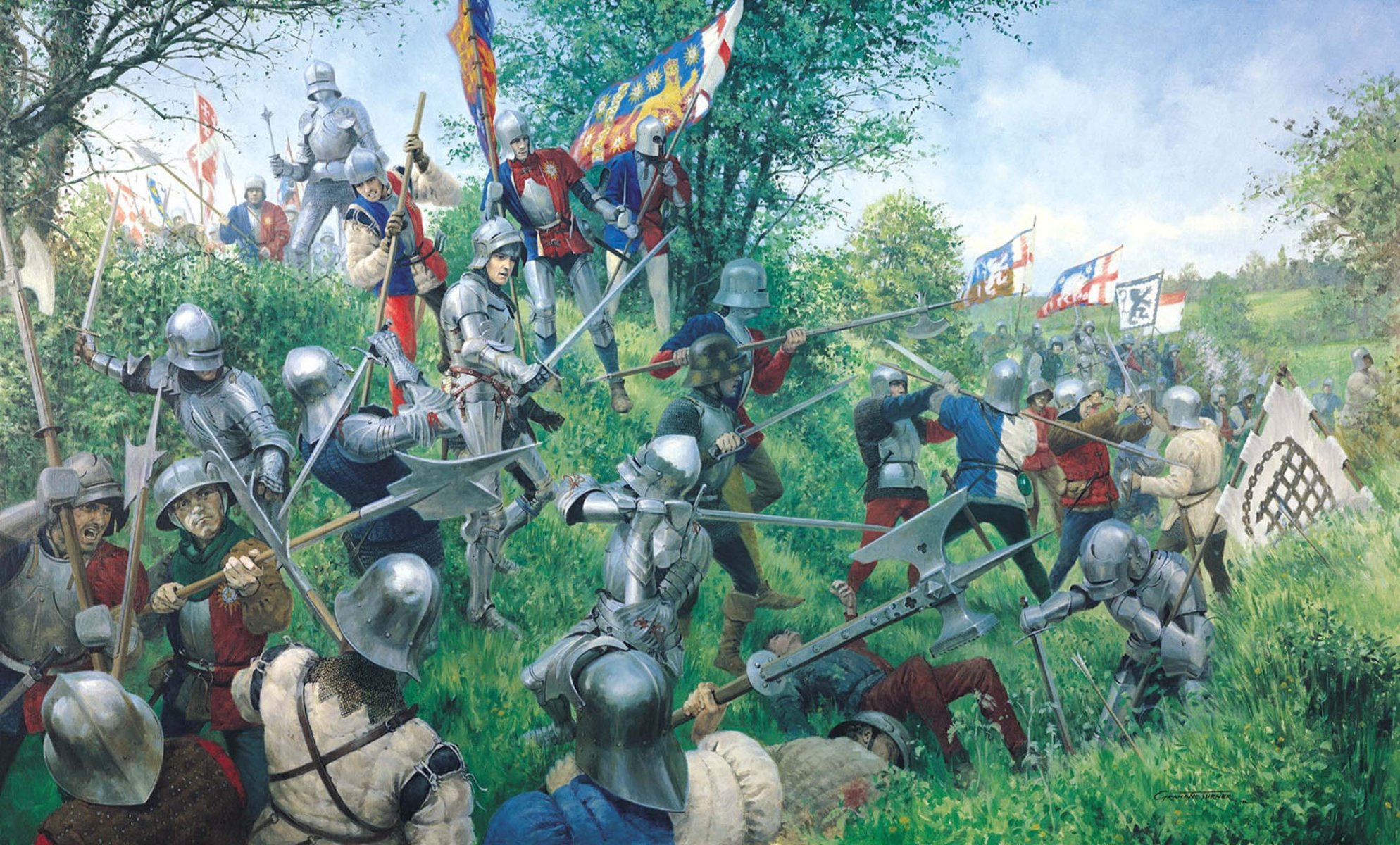 arte pittura pittore graham turner battaglia di tewkesbury battaglia di tewkesbury battaglia tra le truppe lancaster e york durante la guerra scarlatta bianca rosa nell inghilterra occidentale tenutasi il 4 maggio 1471 culminò in una decisiva vittoria york