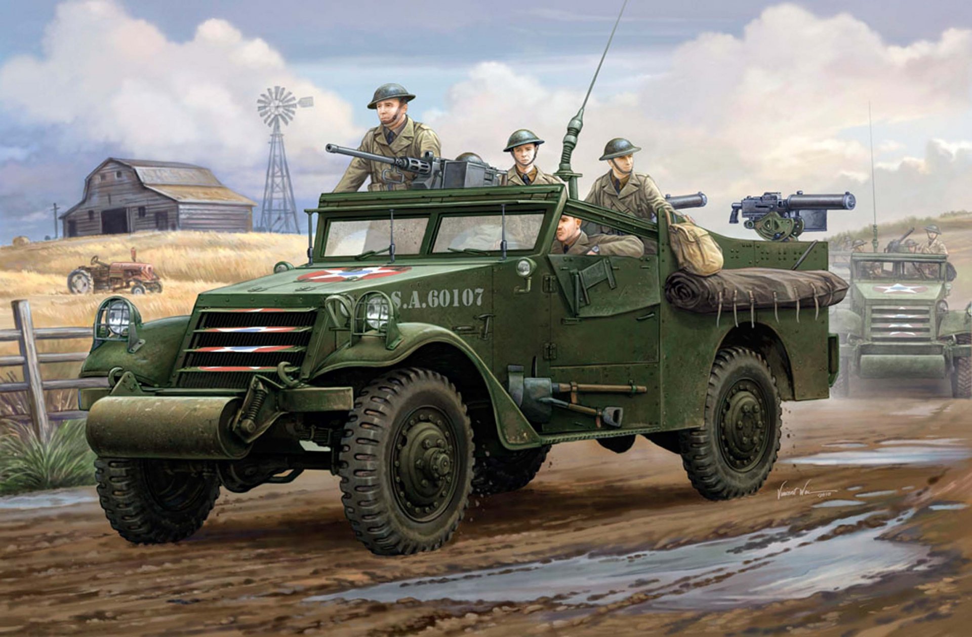 art usa m3a1 scout cars usa period ww2 used in as patrol vehicle light armored personnel carrier command staff artillery tractor front easel machine gun system browning m2 caliber rear left and right easel