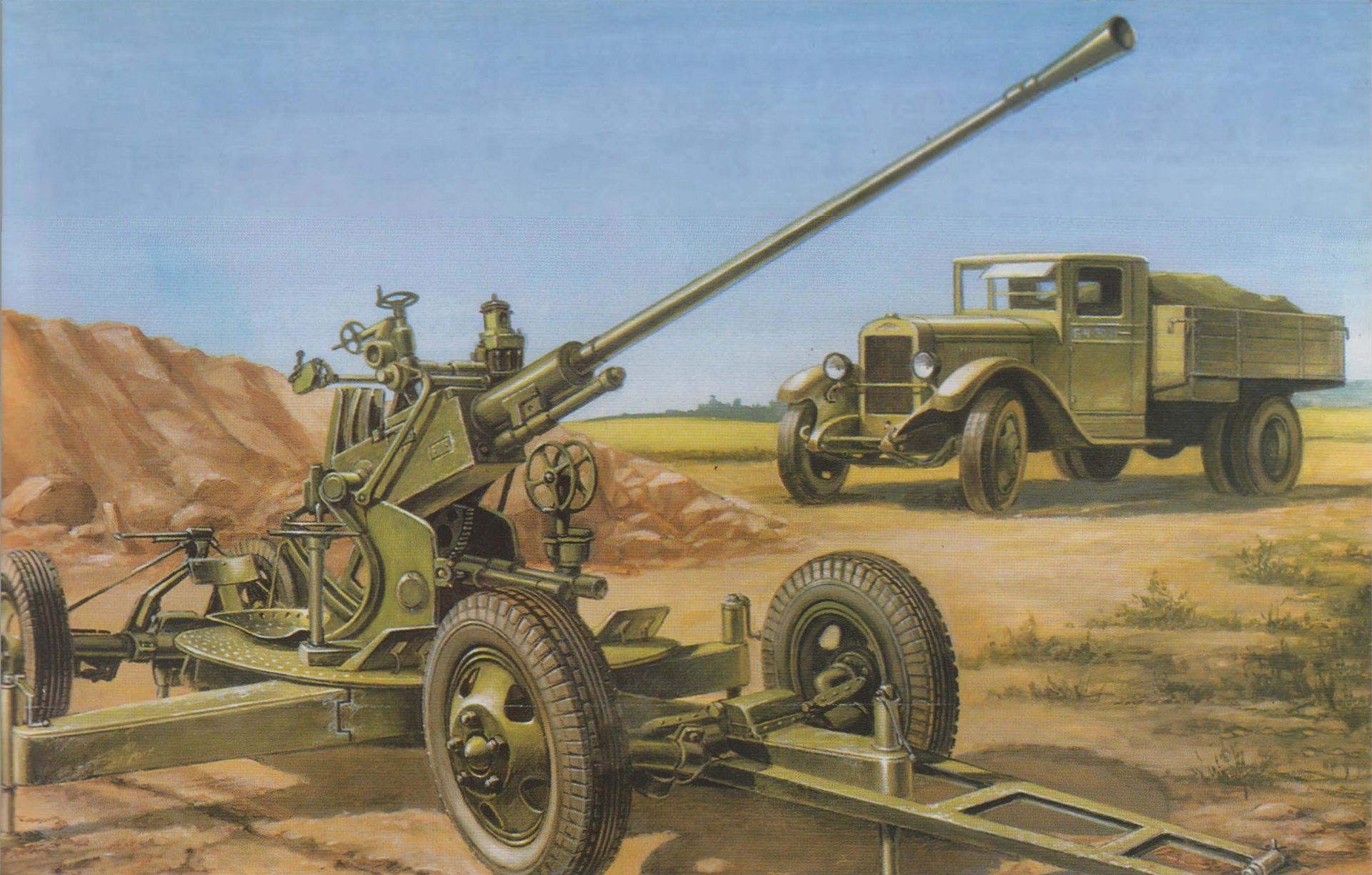 art position 37-mm soviétique automatique antiaérien canon modèle 1939 de l année 61-k zis-5 trehtonka soviétique cargo véhicule grande guerre patriotique dessin