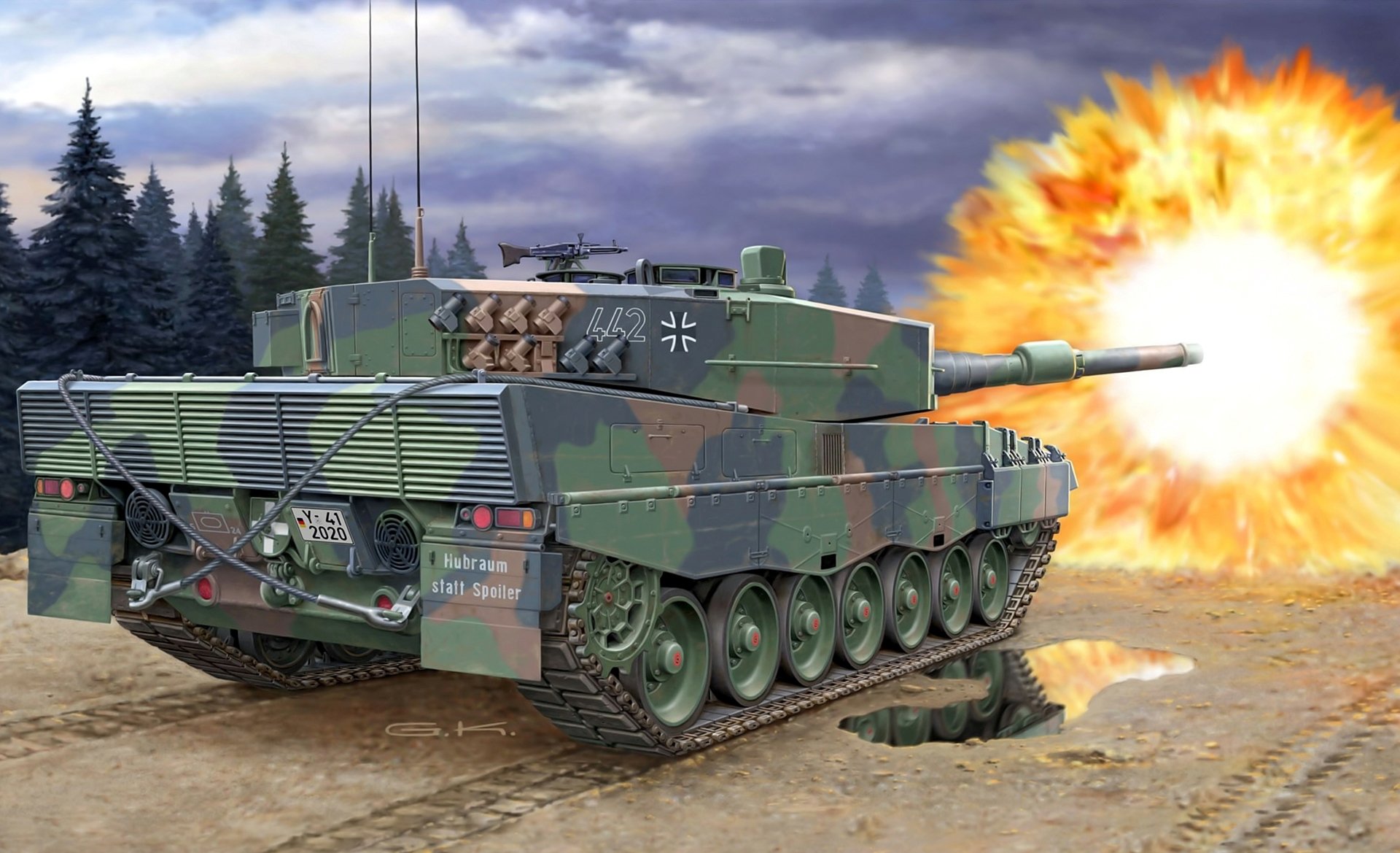 art leopard 2a4nl german main battle tank camouflage shot flame road a pool reflection tree sky clouds picture the artist g.klawek