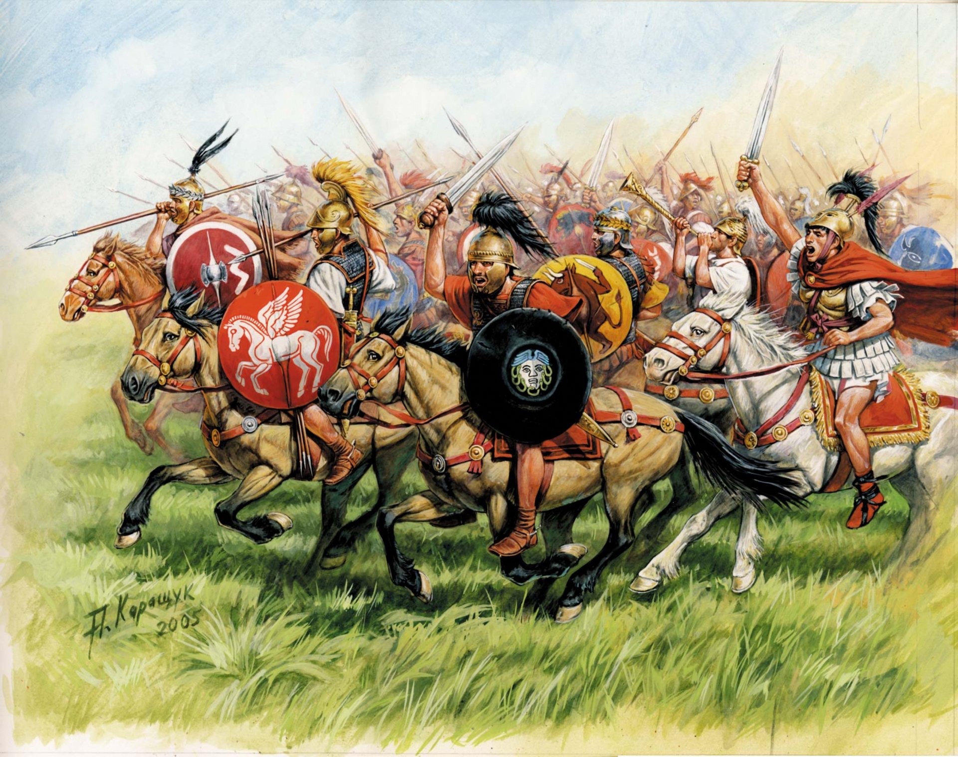 picture rome republican horse iii-i centuries . bc. troopers round shields hats armour swords spear attack gra