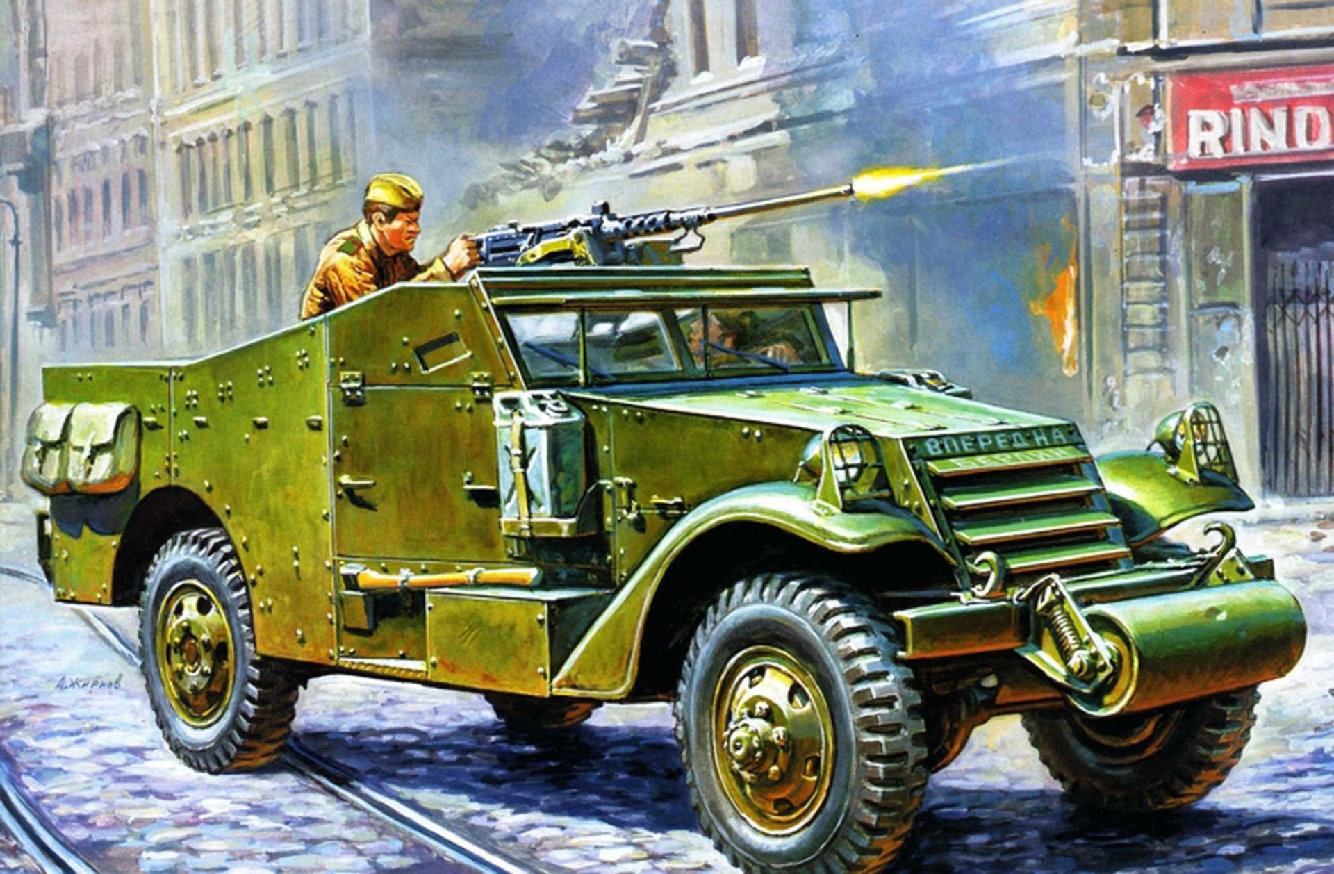 art m3a1 scout cars light multi-purpose according to the program lend-lease was transferred by the allies for army ussr soldier shoots from easel machine gun system browning m2 caliber wwii ww2