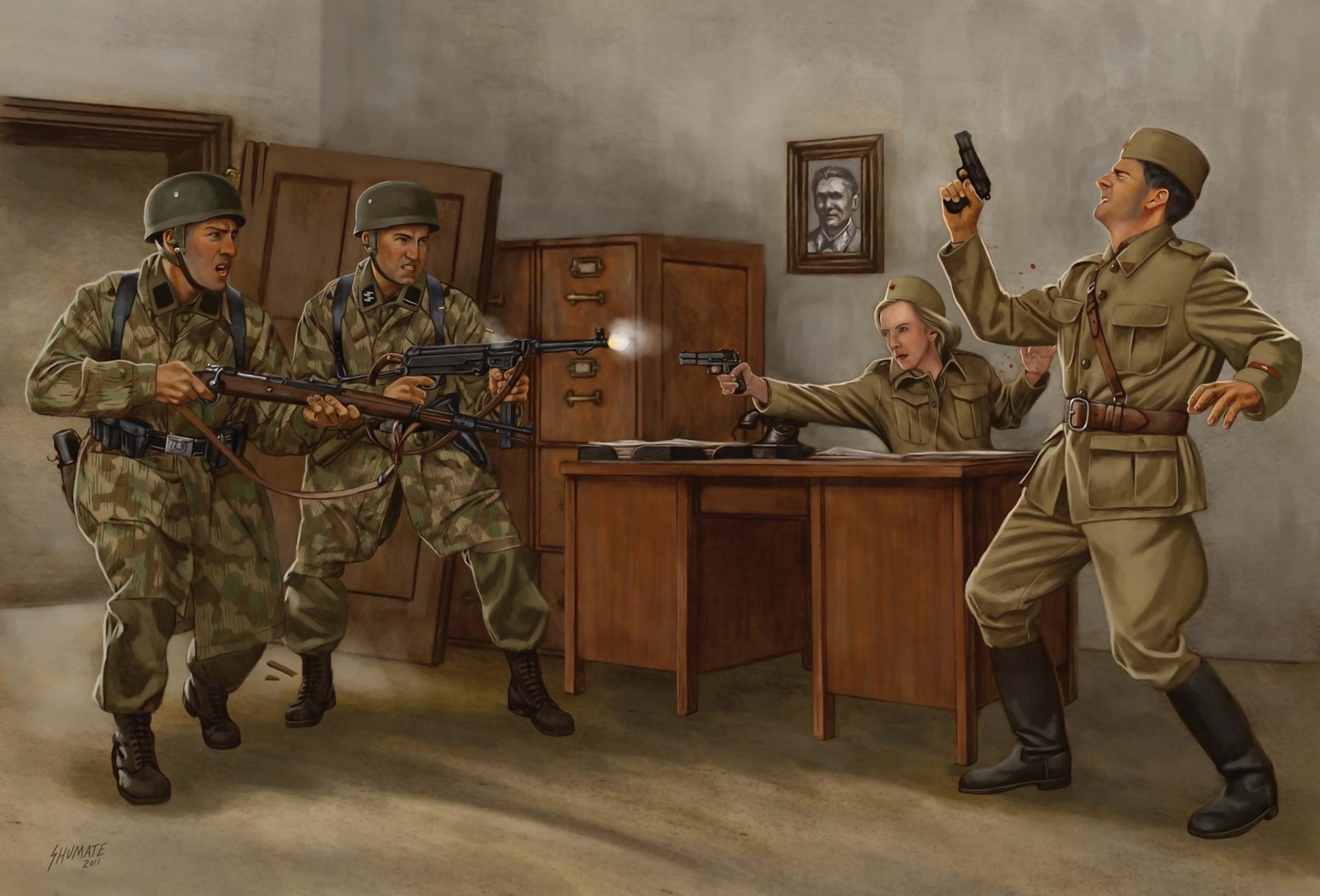 arte soldados armas tiroteo invasión gran guerra patria dibujo