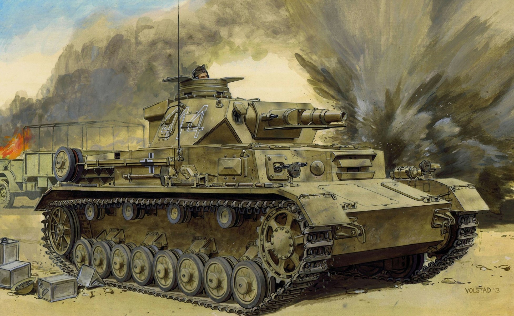 северная африка pz .kpfw . iv ausf . d дак тропический версия немецкий средний танк тропический вариант африканский корпус дак танкист автомобиль разрывы дым огонь вторая мировая война рисунок