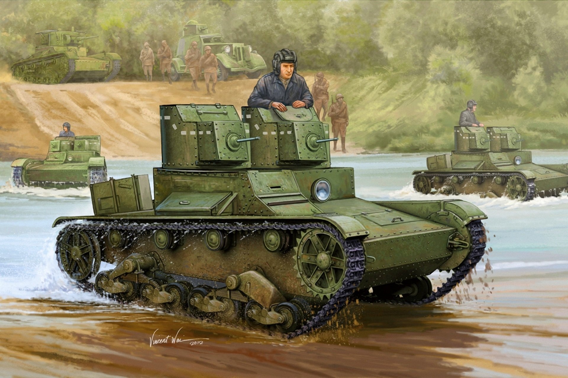 art river beach men armored vehicles red army to front plan lightweight two-tower machine gun tanks t-26 of the sample 1931