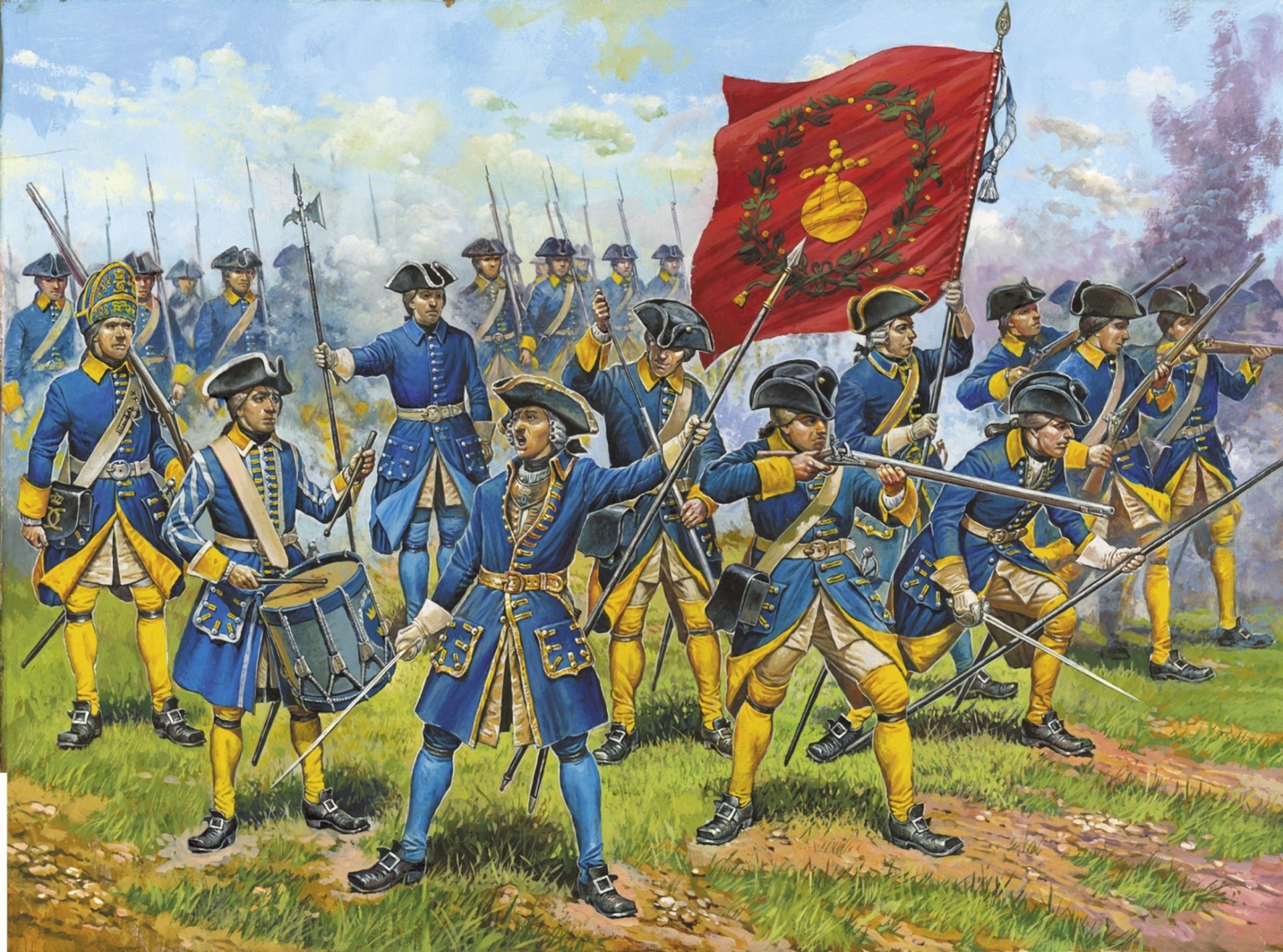 arte guerra batalla poltava infantería sueco ejército mosqueteros granaderos escopetas bayonetas espadas pi-kiners picos largos bandera baterista oficial tierra hierba dibujo