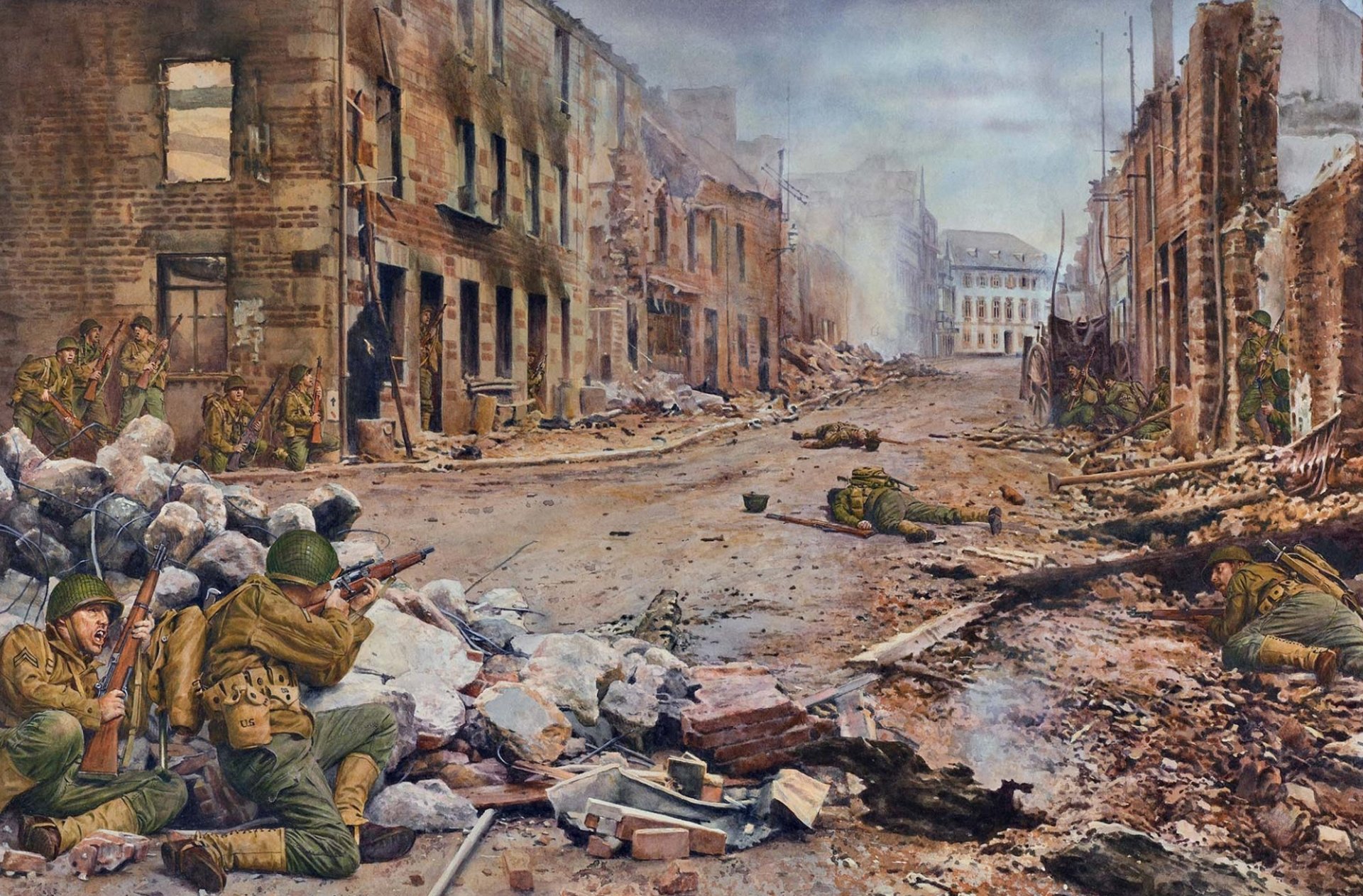 kunst krieg frankreich stadt saint-lo straße amerikanisch truppen soldaten uniformen einkaufen gewehre m1903a3 und m1903a4 schüsse rauch ruinen ww2 zeichnung